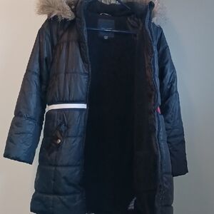 Girls Black  Tommy Hilfiger Puffer Coat with Faux Fur Hood Large 12-14